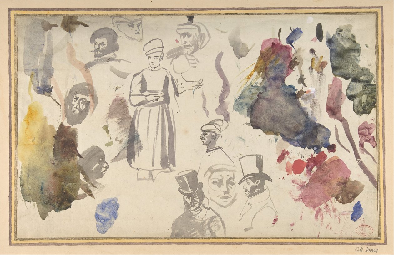 Studies of male heads and a standing male figure by Eugène Delacroix