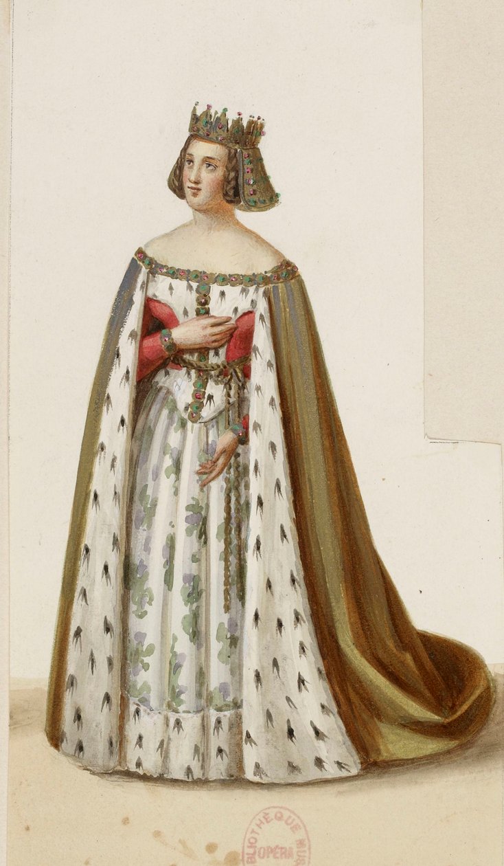 Costume of Mlle George as Marguerite de Bourgogne (La Tour de Nesle, 1832) 2 (cropped) by Eugène Du Faget