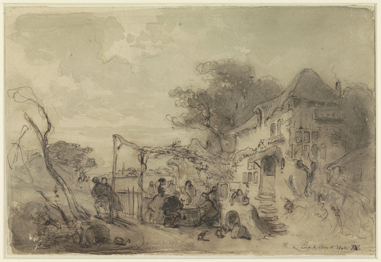 Company on terrace in front of an inn along a road by Eugène François de Block