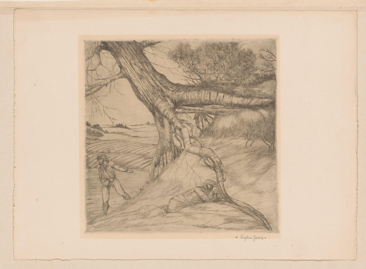 Sower and Reclining Figure with Folded Hands in a Landscape by Eugène Joors (signed by artist)