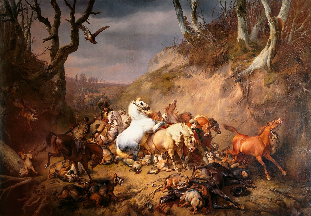 Hungry Wolves Attacking a Group of Horsemen by Eugène Verboeckhoven