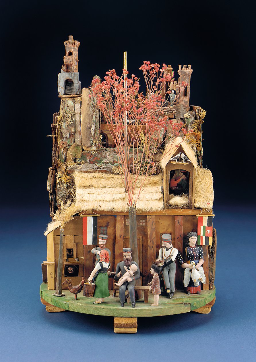 A Military Mechanical Scene of Soldiers, the Wooden Figures Outside a Thatch House, Late 19th Century by European School