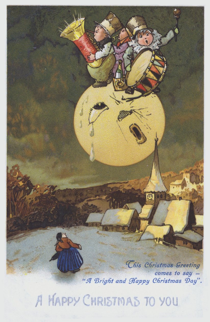 Christmas Greetings Card Depicting Musicians on the Moon Above a Snowy Town by European School