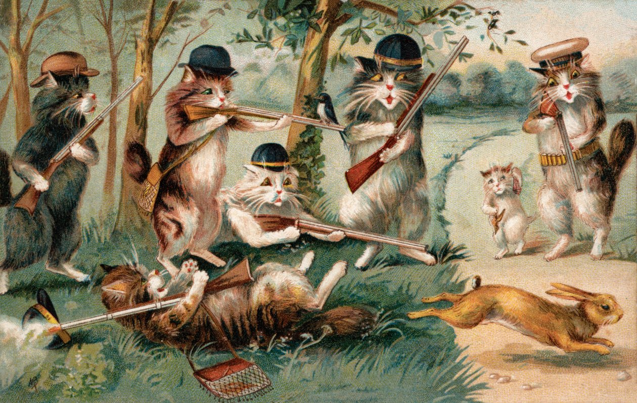 Comic Cats, Out Hunting for Rabbits by European School