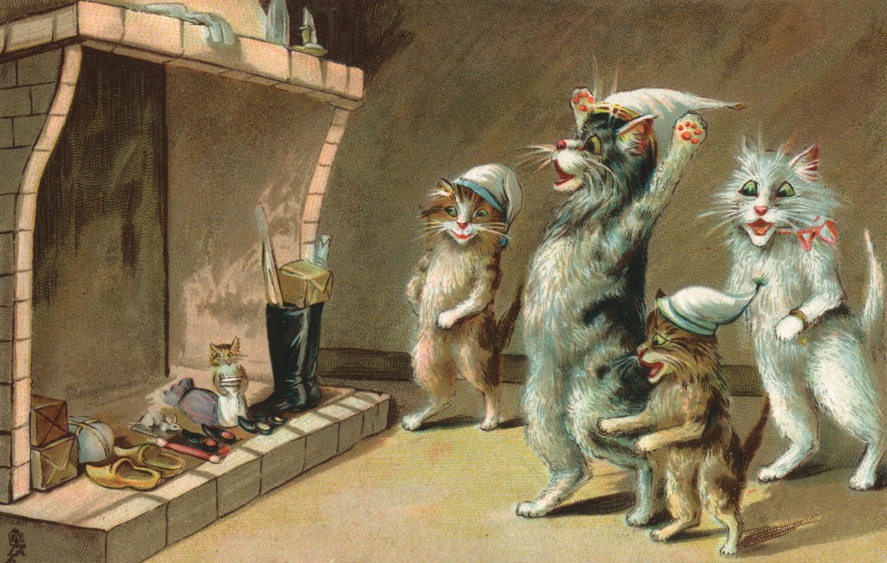 Comic cats, waiting for their Christmas Presents by European School