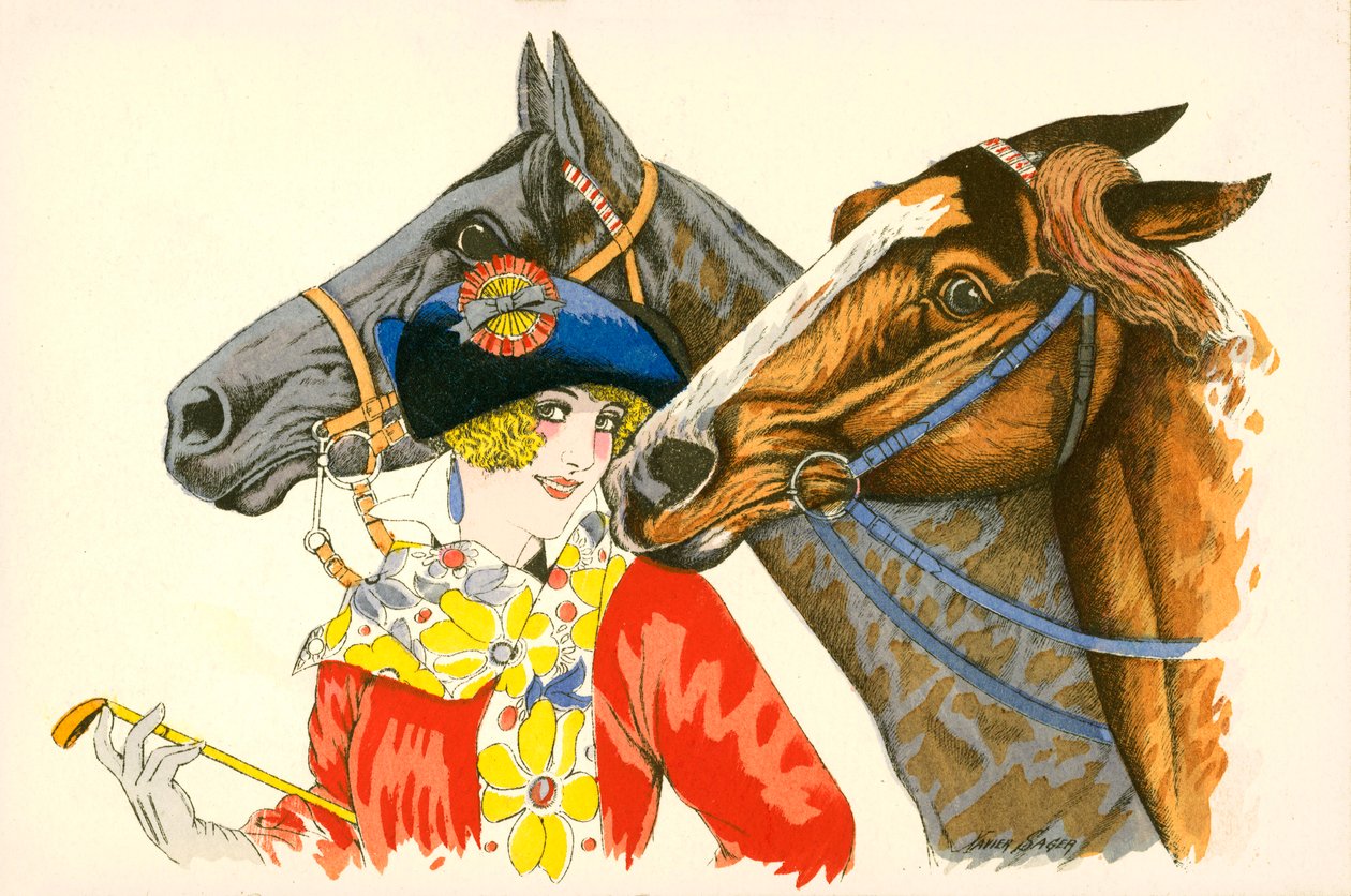 Coquettish, Colourfully Dressed Woman with Two Horses by European School