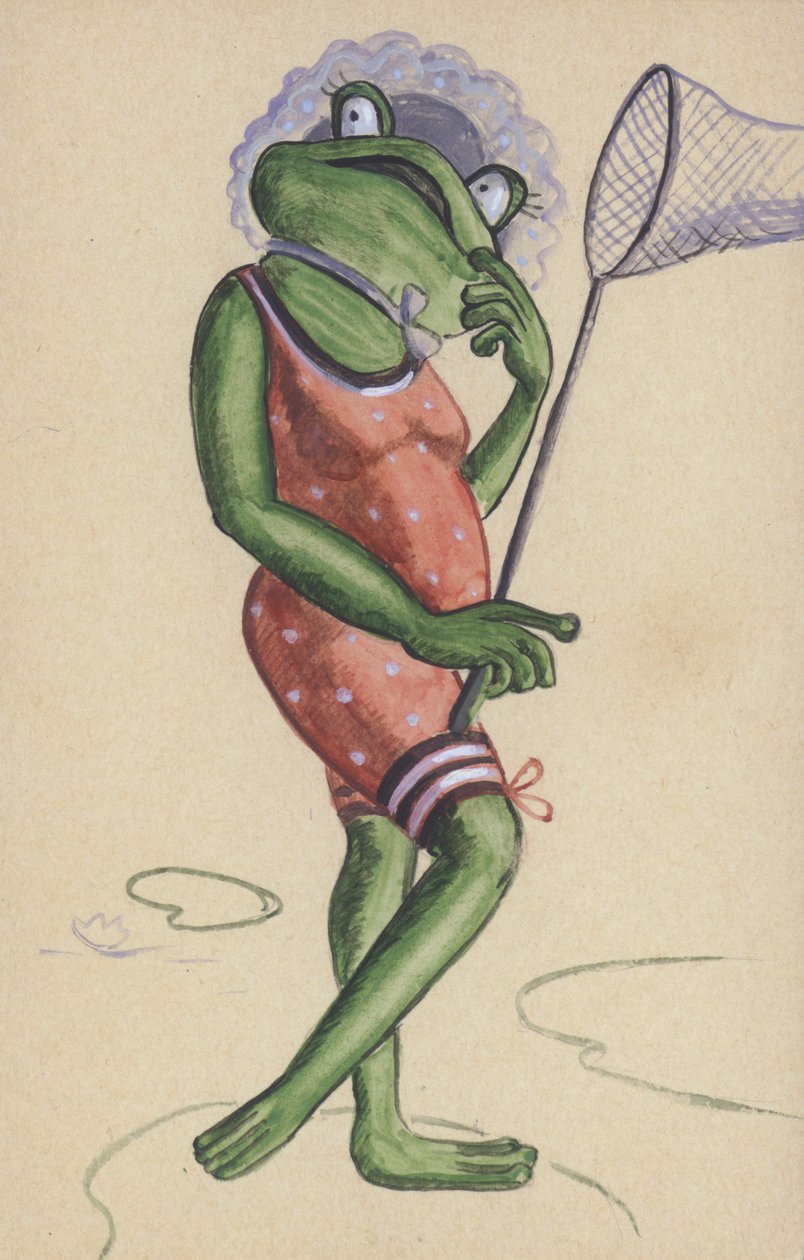 Frog wearing a bathing costume and holding a fishing net by European School