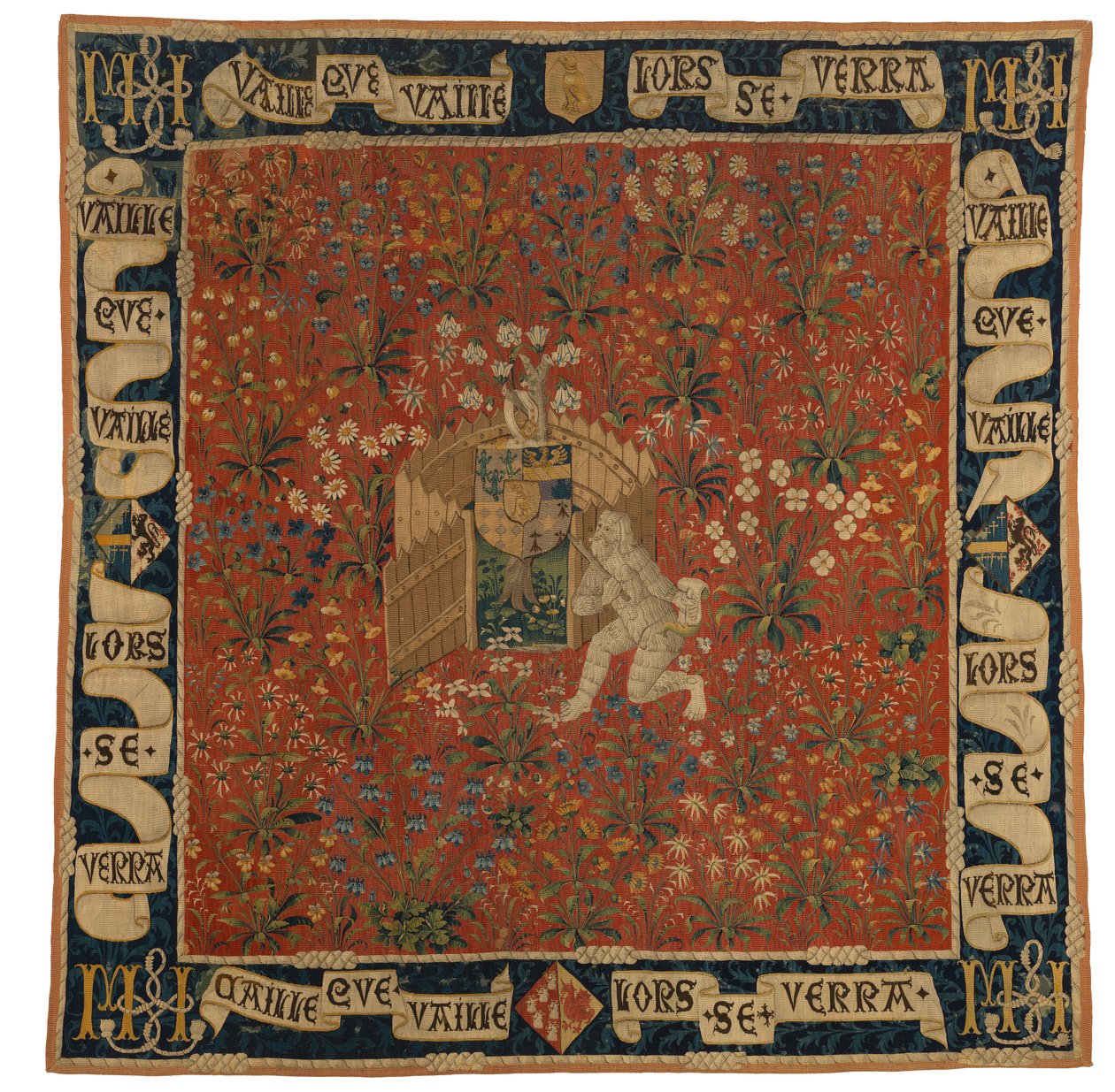Mille Fleurs Tapestry Depicting Verdure, Shield of Arms and a Wild Man, c.1500 by European School