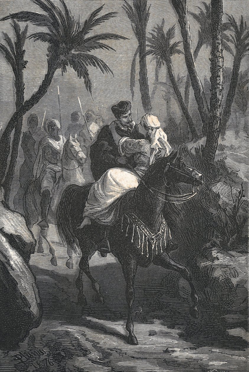 Cervantes rides a horse with a woman in an oasis by Eusebio Planas