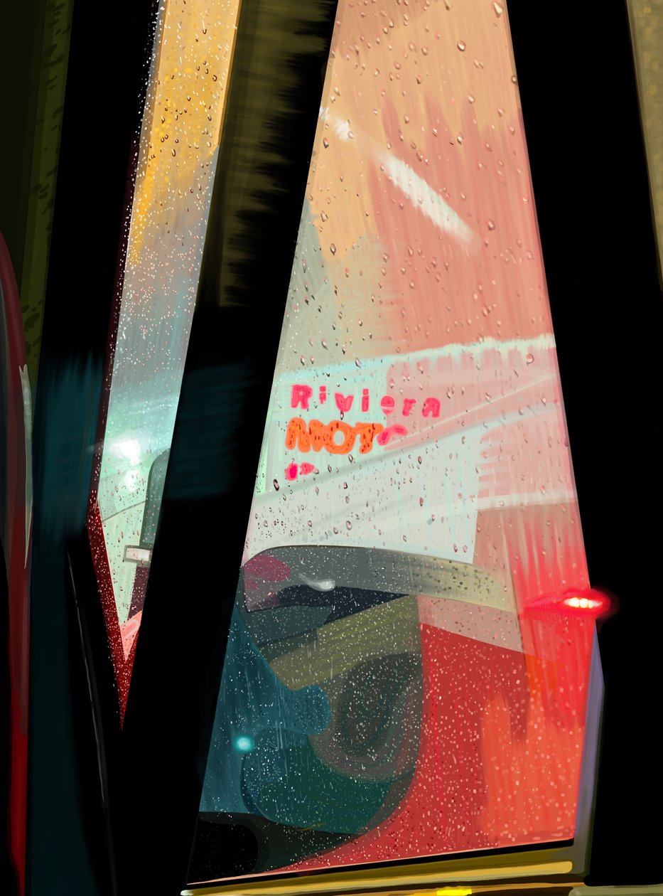 Rivera Motel Sign Seen from Car on Rainy Night by Evan Sklar