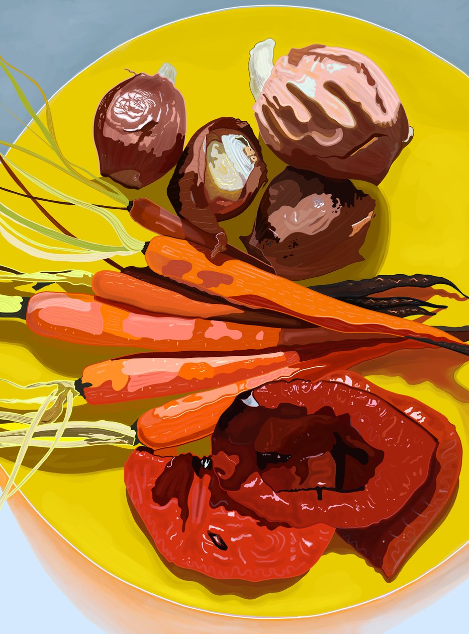 Roasted Vegetables on Yellow Plate, Brooklyn by Evan Sklar