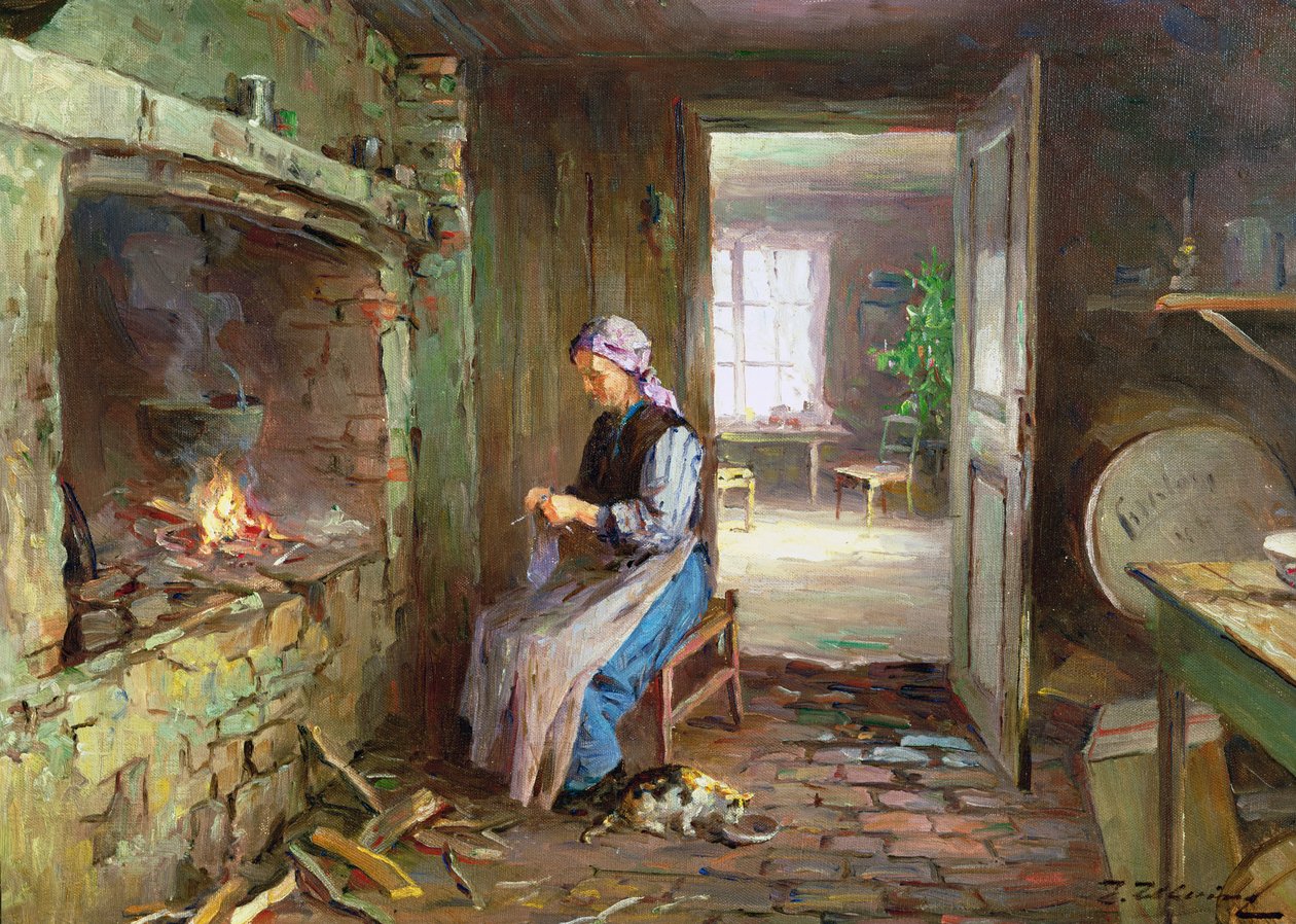 Woman knitting by the fireplace (oil on canvas) by Even Ulving