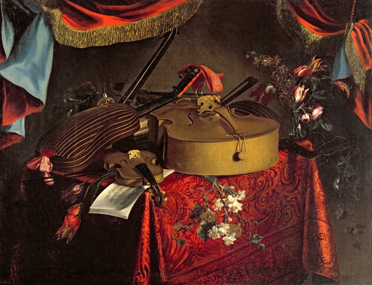 Still Life of Musical Instruments on a Table with Flowers by Evert Collier