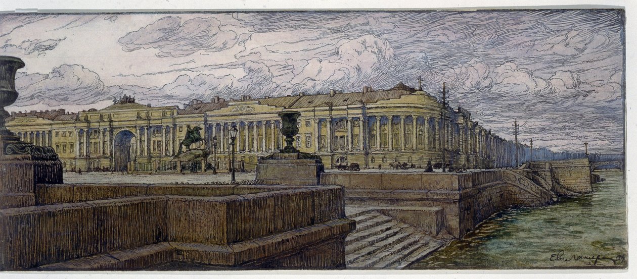 The Senate Place in St Petersburg. Description of the Buildings on the Bank of the Neva. Work by Evgeny Evgenyevich Lanceray (Eugene Lansere) (1875-1946), lithograph by Evgeni Evgenievitch Lanceray