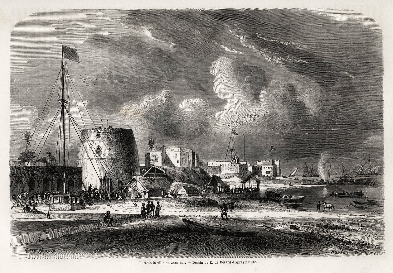 Port of the city of Zanzibar (present-day Tanzania), drawing by Evremond de Berard (1824-1881), to illustrate Captain Burton