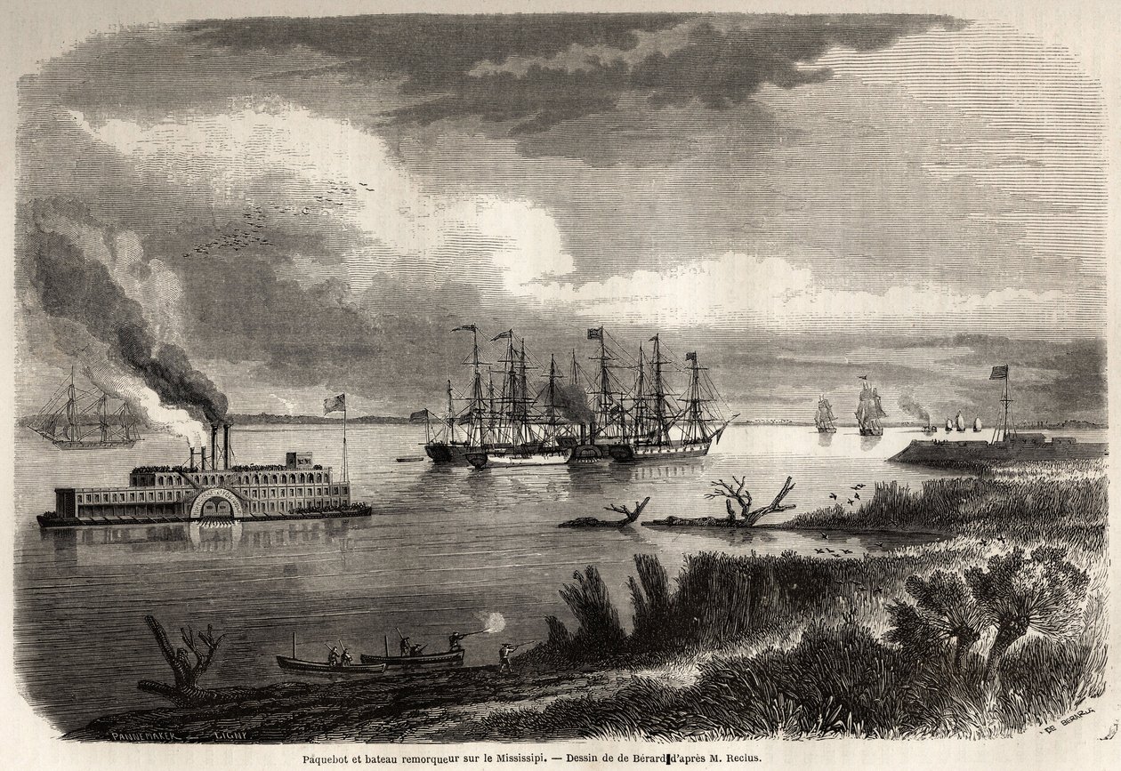 Ship and tug boat on the Mississippi, drawing by Evremond Auguste de Berard, to illustrate the voyage to New Orleans in 1855 by Elysee Reclus. Engraving in Le tour du monde, nouveau journal des voyages by Evremond de (after) Berard