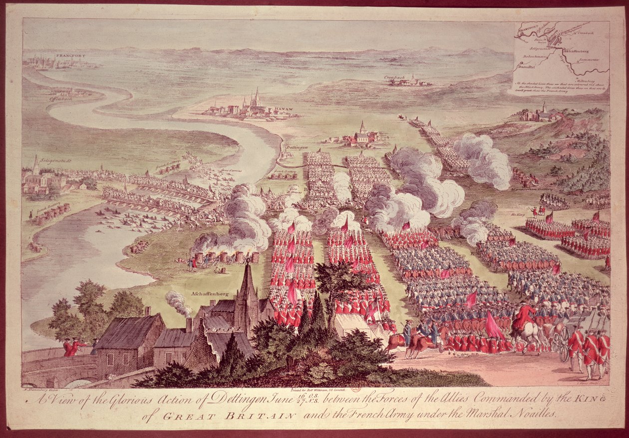 A View of the Glorious Action of Dettingen, June 16-27 1743, between the Forces of the Allies Commanded by the King of Great Britain and the French Army under the Marshal Noailles, engraved by F. Daremberg
