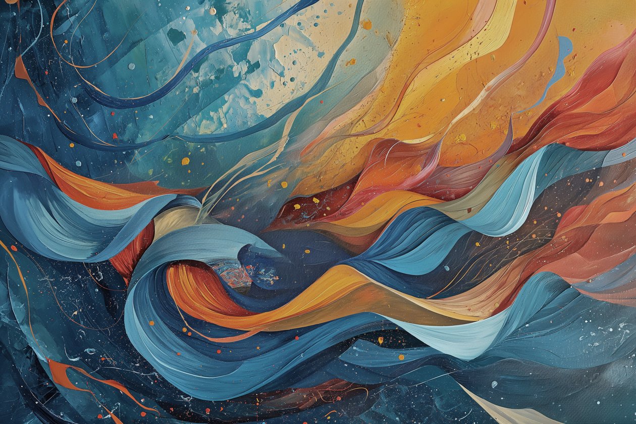 Abstract Painting in Waves of Blue, Orange & Yellow by F. Abderrahim