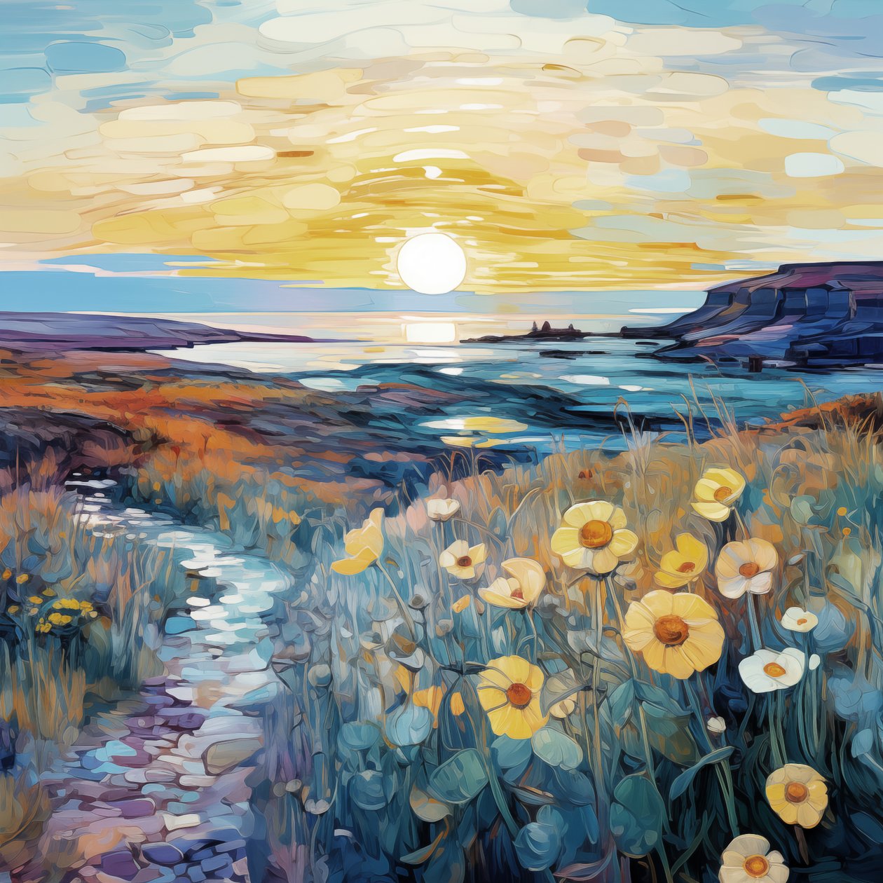 Abstract Purple Flowers in Sunrise Landscape by F. Abderrahim