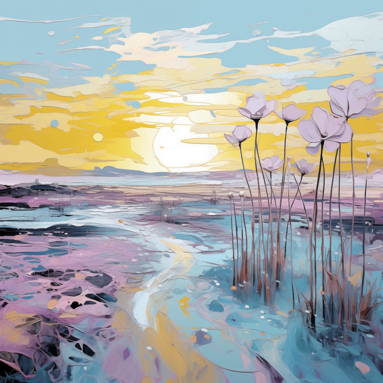 Abstract Purple Flowers in Sunset Landscape by F. Abderrahim