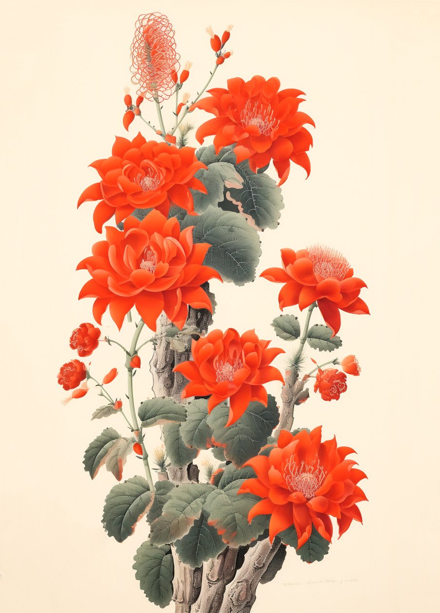 Abstract Cactus with Flowers, Japanese Woodblock by F. Abderrahim