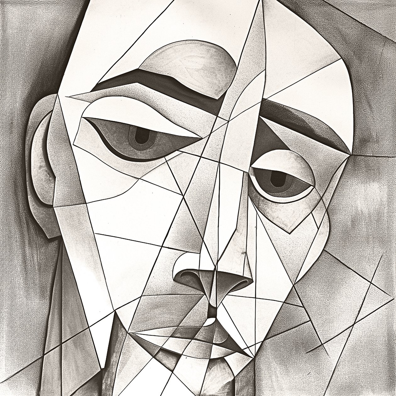 Abstract Primitive Pencil Drawing Depicting a Melancholic Facial Portrait by F. Abderrahim