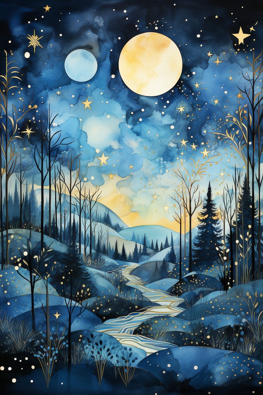 Celestial Whispers: Abstract Watercolor Painting of the Blue Night Sky by F. Abderrahim