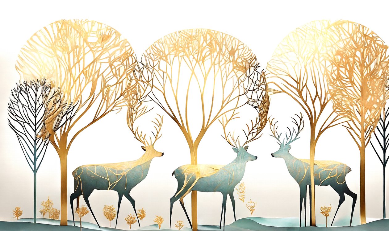 Deer Animal & Gold Tree, Abstract Pastel Colors by F. Abderrahim