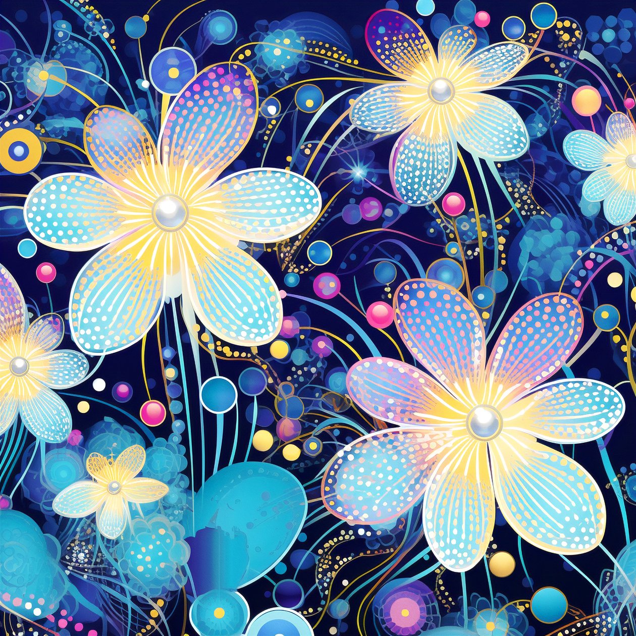 Floral motif pattern in blue, Yayoi Kusama style by F. Abderrahim