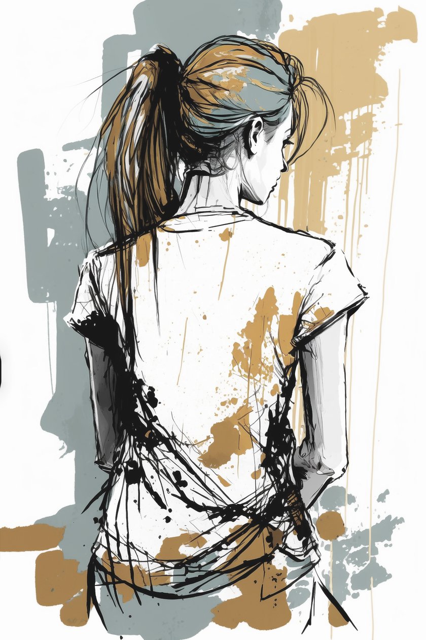 Girls Drawn from Behind, Minimalist Chaotic Lines Sketch by F. Abderrahim