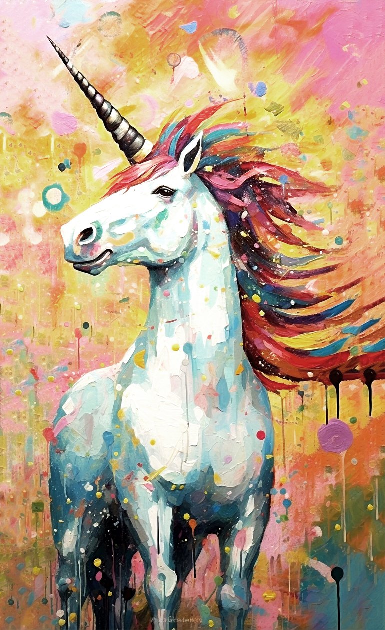Horned Horses painting, mythical creatures by F. Abderrahim