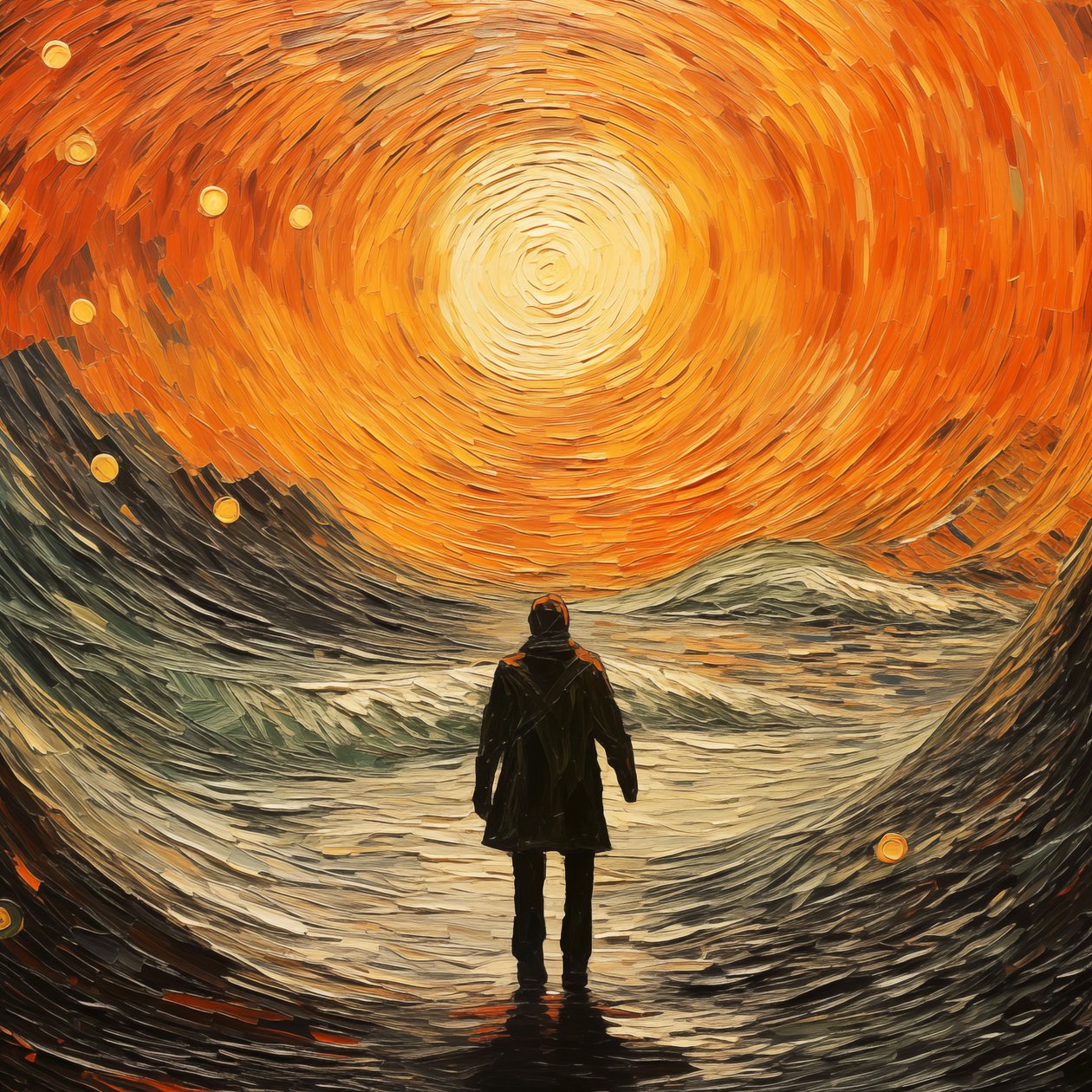 Surreal Scene, a Man in the Sea Waves, Vincent van Gogh Impressionist Style by F. Abderrahim