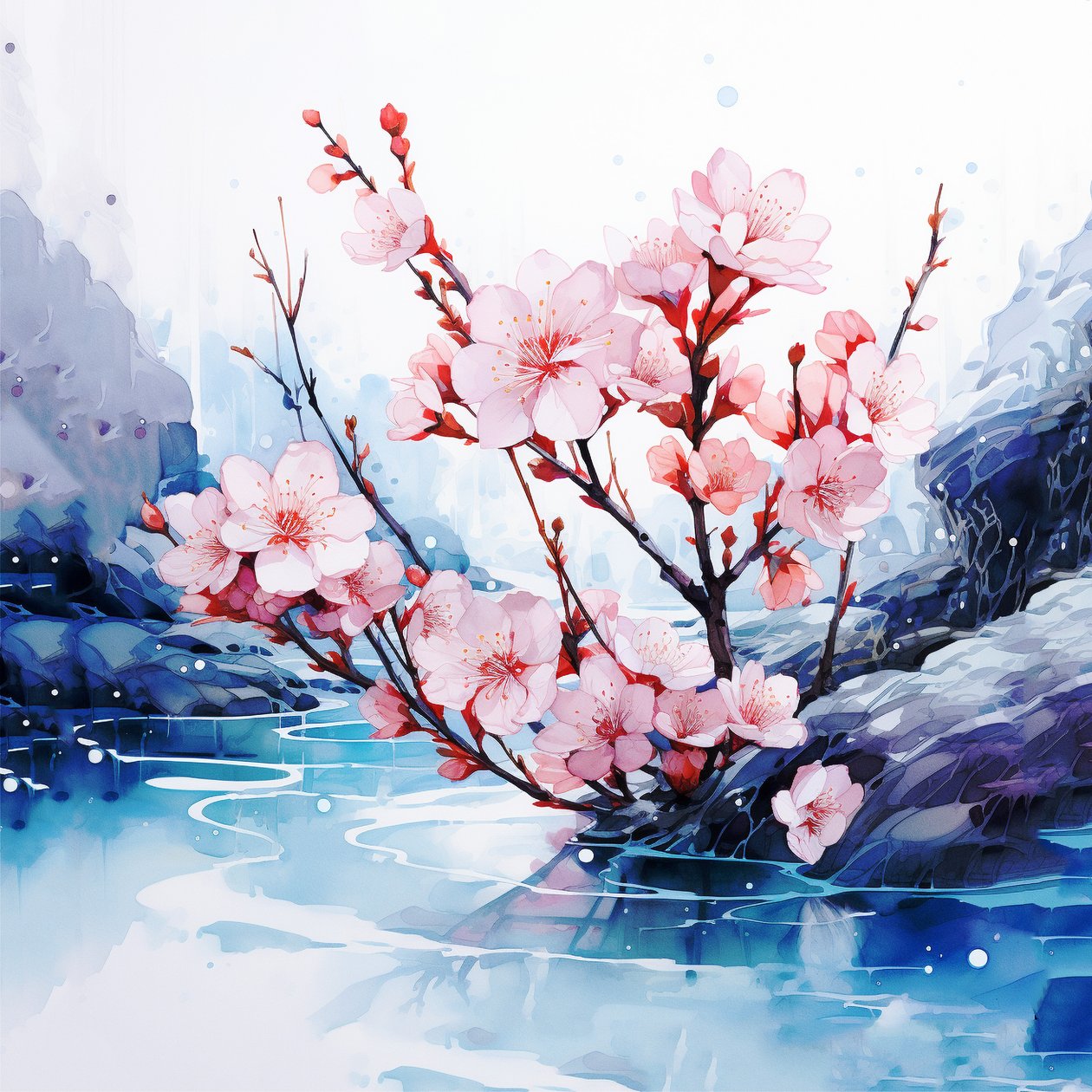 Surreal Watercolor Painting Japanese Cherry Blossoms Flowers by F. Abderrahim