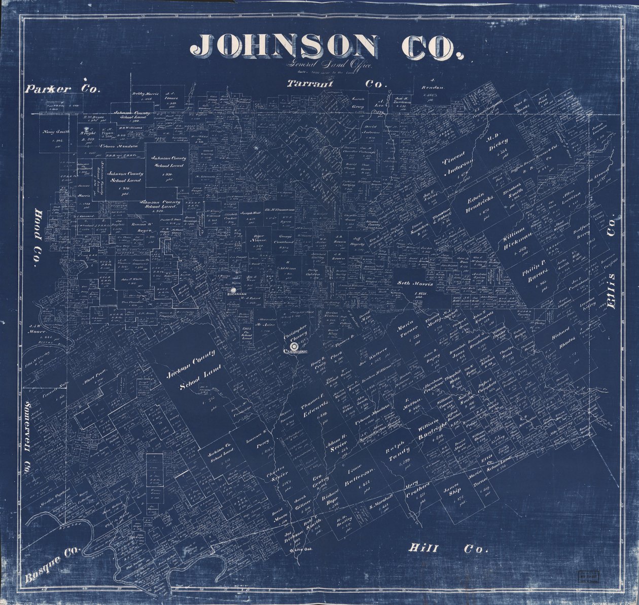 Blueprint Shows Land Ownership by F. G.; Texas. General Land Office Blau
