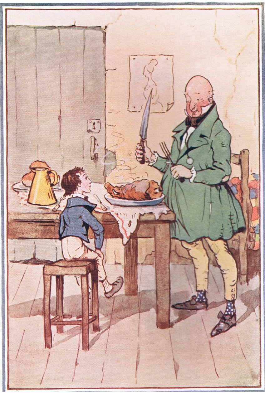 David dined with Mr. McCawber in prison, illustration from David Copperfield, 1914 by F. M. B. Blaikie