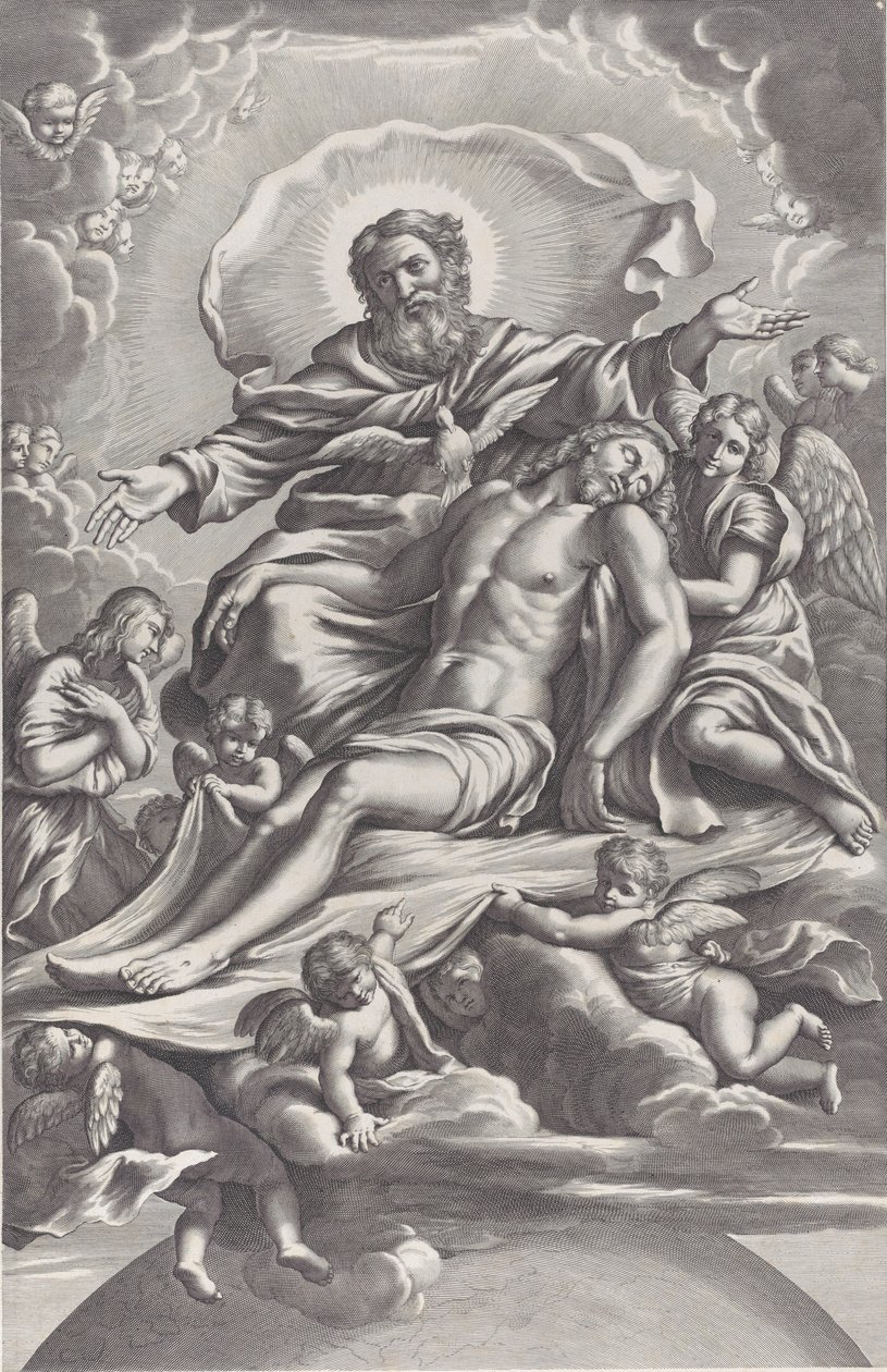 The Holy Trinity, with the dead Christ at center surrounded by angels, God the Father, ..., 1650-90 by F. de Louvement