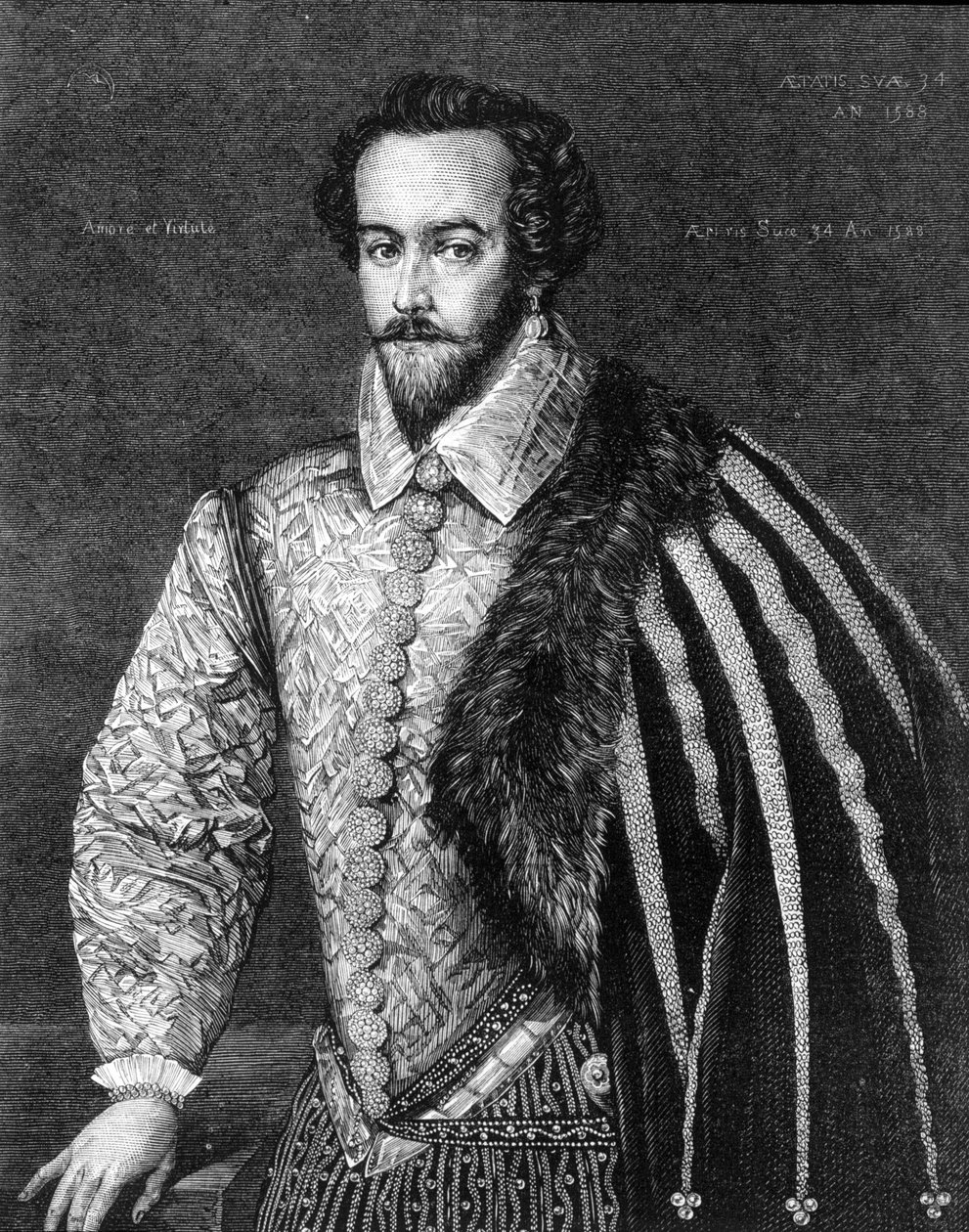 Portrait of Sir Walter Raleigh (1554 - 1618), English navigator, courtier, and writer. Engraving after a painting attributed to Federico Zuccaro (or Zuccari) (1549 - 1609) of 1588 by Federico (after) Zuccari or Zuccaro