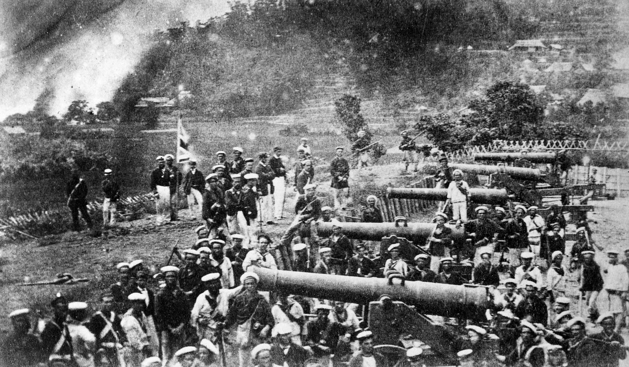 Combined Fleet of Britain, America, France and the Netherlands Occupying the Battery Forts in Shimonoseki, Japan, 1864 by Felice Beato