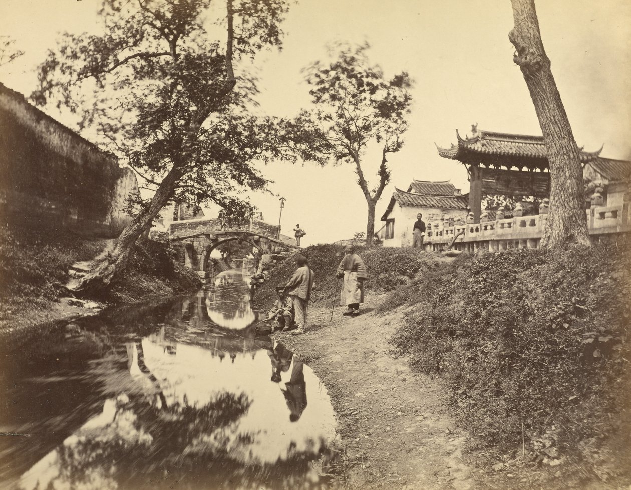 Chinese View of a River and a Bridge in a Village Including Several ...