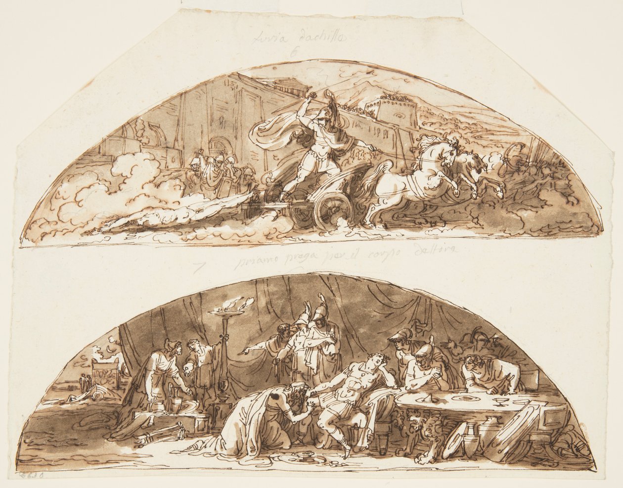 Achilles Drags the Body of Hector around Walls of Troy, Priam Pleads for the Body of Hector, Ceiling Designs for the Galleria di Achille, Palazzo Milzetti, Faenza, Italy by Felice Giani