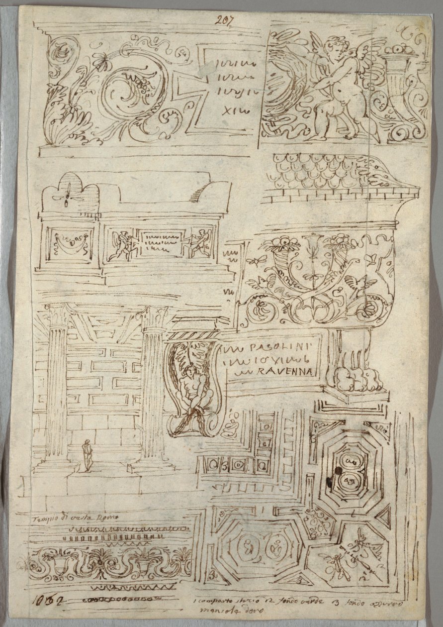 Decorative Study; Verso: Two Head Studies by Felice Giani