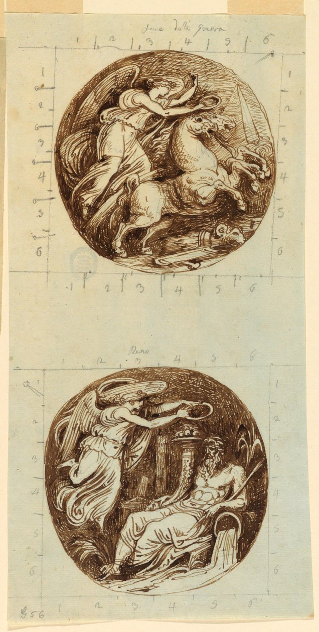 A Winged Victory Riding a Chariot; A Winged Victory Crowning a River God, Reno; two roundels, ca. 1805 by Felice Giani
