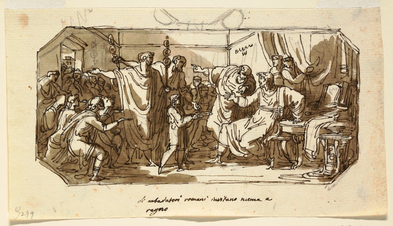Ceiling Design: Roman Ambassador Asks the Sabine Numa Pompilius to Reign over Rome, Sala di Numa Pompilio, Palazzo Milzetti, Faenza, 1802–05 by Felice Giani