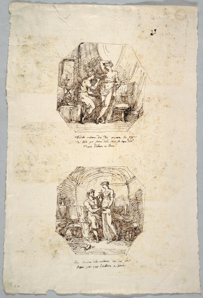 Project for Two Octagonal Paintings: Daedalus using Breasts of Hebe as Model for Bowl for Jupiter. Hebe Receives this Bowl from Him. by Felice Giani