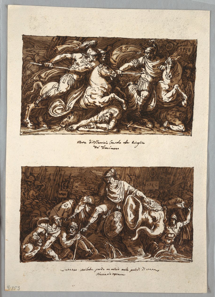 Sketchbook Page: Death of Flaminius in the Battle of Trasimeno; Annabelle Loses an Eye in the Swamps of Fiano, Tuscany by Felice Giani