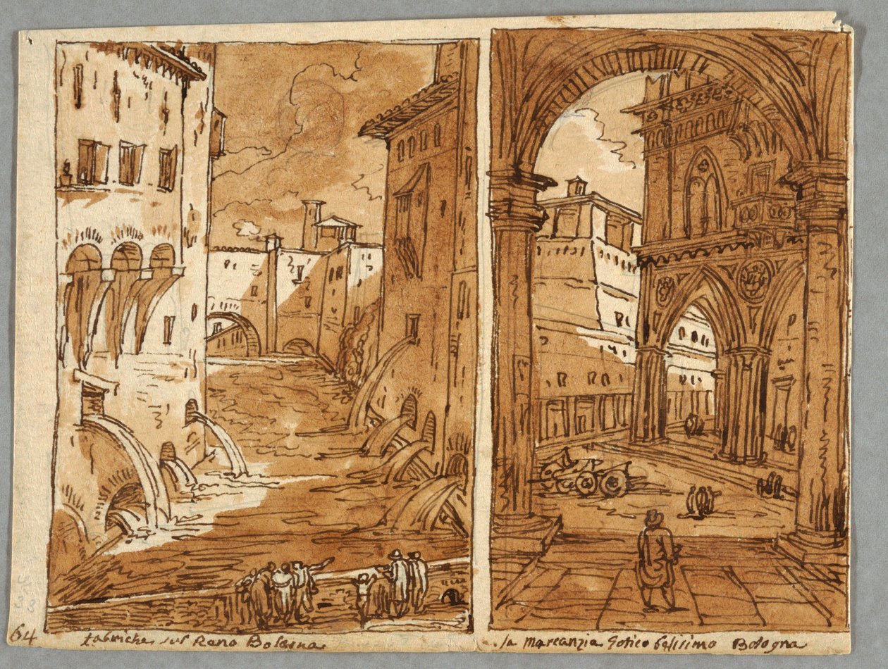 Sketchbook Page, Folio 64: Study after Bolognese Architecture and Sculpture; Verso: Geometric Designs by Felice Giani