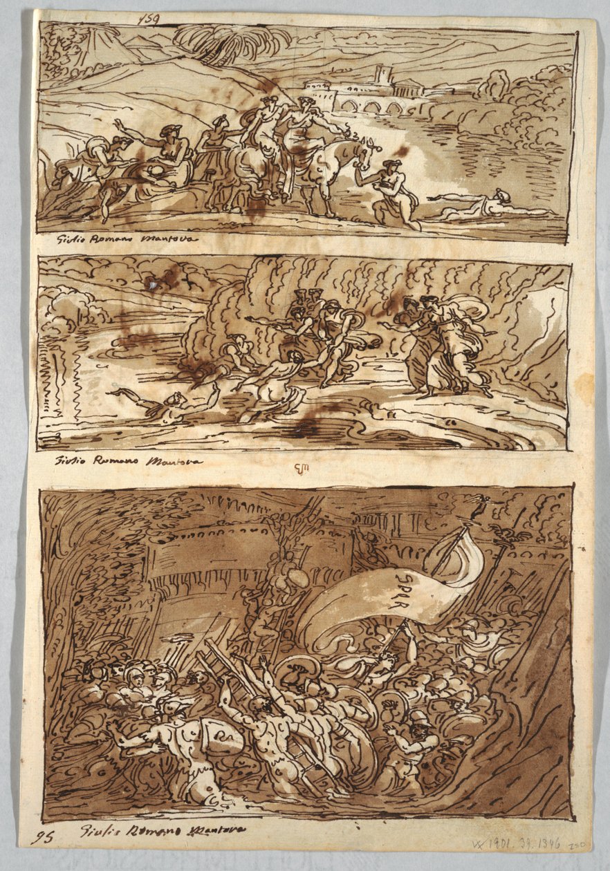 Sketchbook Page, Folio 95: Three Paintings after Giulio Romano; Verso: Lion and Eagle by Felice Giani