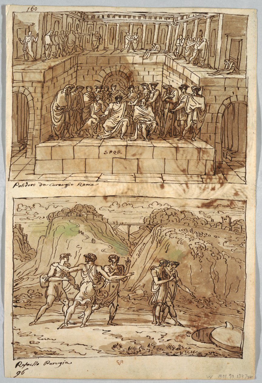 Sketchbook Page, Folio 98: Two Paintings after Caravaggio and Raphael; Verso: Eagle and Ox by Felice Giani