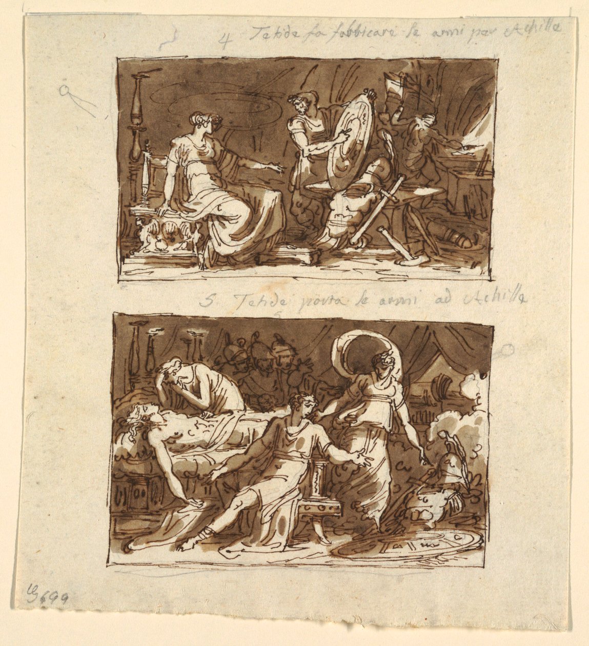 Thetis in the Workshop of Hephaestus; Thetis Showing the Armor to Achilles: Two Designs for Ceiling Panels in the Galeria d