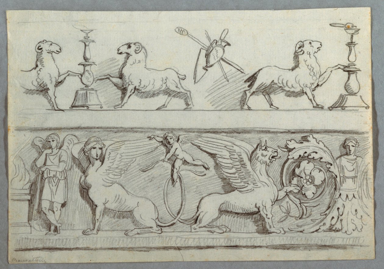 Two Friezes with Rams, Candelabra, Trophies and Putti by Felice Giani